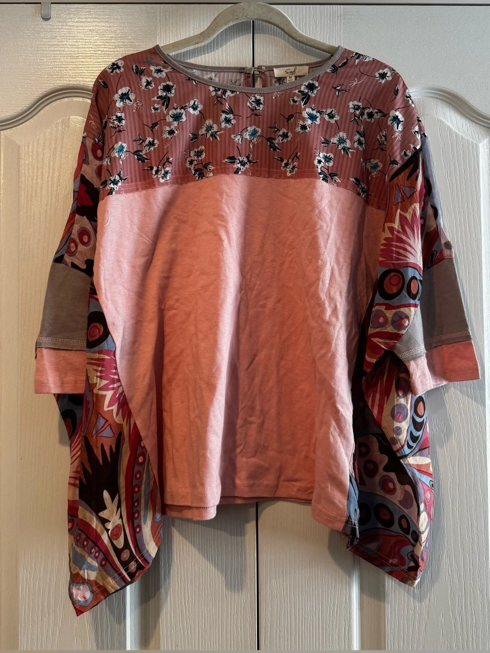 Easel Oversized Pink Patchwork Short Sleeve Blouse - Size M